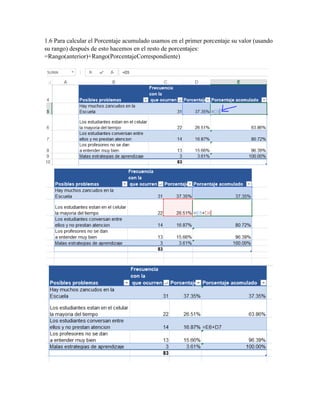 1.6 Para calcular el Porcentaje acumulado usamos en el primer porcentaje su valor (usando
su rango) después de esto hacemos en el resto de porcentajes:
=Rango(anterior)+Rango(PorcentajeCorrespondiente)
 