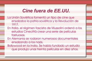 Cine mudo en Europa Se basó en el monopolio del celuloide. Surgieron grandes empresas cinematográficas que, con Francia a la cabeza productoras como la Gaumont, la Pathé o la Itala films, dominaron los mercados internacionales. Así, nació el cine cómico francés, con André Deed y Max Linder o el colossal italiano fueron la escuela donde aprendieron Charles Chaplin, o David W. Griffith. Tras la guerra nació el expresionismo con una estética extraña y alienada respondía a los miedos de la Europa de postguerra 