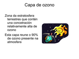 Capa de ozono Zona da estratosfera terrestres que contén una concetración relativamente alta de ozono Esta capa reune o 90% de ozono presente na atmosfera 