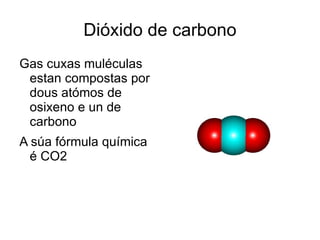 Dióxido de carbono Gas cuxas muléculas estan compostas por dous atómos de osixeno e un de carbono A súa fórmula química é CO2 