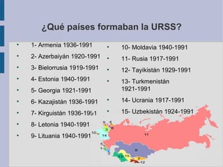 ¿Qué países formaban la URSS?

    1- Armenia 1936-1991       
                                   10- Moldavia 1940-1991

    2- Azerbaiyán 1920-1991    
                                   11- Rusia 1917-1991

    3- Bielorrusia 1919-1991   
                                   12- Tayikistán 1929-1991

    4- Estonia 1940-1991       
                                   13- Turkmenistán

    5- Georgia 1921-1991           1921-1991

    6- Kazajistán 1936-1991
                               
                                   14- Ucrania 1917-1991

    7- Kirguistán 1936-1991
                               
                                   15- Uzbekistán 1924-1991

    8- Letonia 1940-1991

    9- Lituania 1940-1991
 