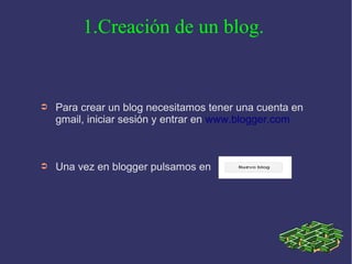 1.Creación de un blog.


➲   Para crear un blog necesitamos tener una cuenta en
    gmail, iniciar sesión y entrar en www.blogger.com



➲   Una vez en blogger pulsamos en
 
