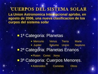 CUERPOS DEL SISTEMA SOLAR
La Union Astronomica Internacional aprobo, en
agosto de 2006, una nueva clasificacion de los
curpos del sistema solar


        1ª Categoria: Planetas
                 Mercurio     Venus      Tierra      Marte
                 Jupiter      Saturno    Urano       Neptuno
        2ª Categoria: Planetas Enanos
                 Pluton   Ceres   Xena
        3ª Categoria: Cuerpos Menores.
                 Asteroides       Cometas         Otros
 