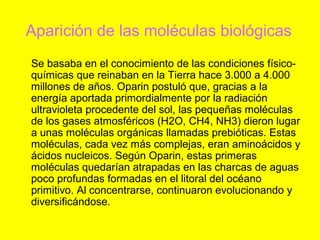 Aparición de las moléculas biológicas
Se basaba en el conocimiento de las condiciones físico-
químicas que reinaban en la Tierra hace 3.000 a 4.000
millones de años. Oparin postuló que, gracias a la
energía aportada primordialmente por la radiación
ultravioleta procedente del sol, las pequeñas moléculas
de los gases atmosféricos (H2O, CH4, NH3) dieron lugar
a unas moléculas orgánicas llamadas prebióticas. Estas
moléculas, cada vez más complejas, eran aminoácidos y
ácidos nucleicos. Según Oparin, estas primeras
moléculas quedarían atrapadas en las charcas de aguas
poco profundas formadas en el litoral del océano
primitivo. Al concentrarse, continuaron evolucionando y
diversificándose.
 
