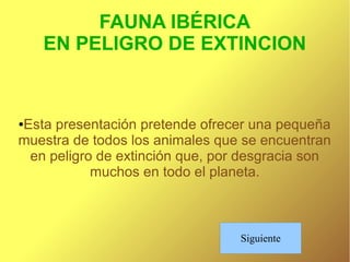 FAUNA IBÉRICA
    EN PELIGRO DE EXTINCION



Esta presentación pretende ofrecer una pequeña
●

muestra de todos los animales que se encuentran
 en peligro de extinción que, por desgracia son
           muchos en todo el planeta.



                                 Siguiente
 