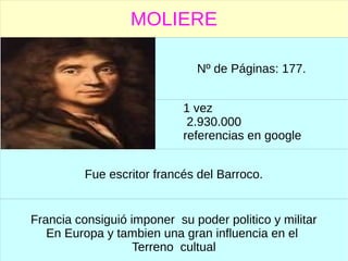 MOLIERE
Francia consiguió imponer su poder politico y militar
En Europa y tambien una gran influencia en el
Terreno cultual
1 vez
2.930.000
referencias en google
Fue un escritor Francés del Barroco.
Fue escritor francés del Barroco.
Nº de Páginas: 177.
 