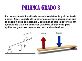 PALANCA GRADO 3
La potencia está localizada entre la resistencia y el punto de
apoyo. Aquí, la parte de la potencia siempre será menor que
la sección de la resistencia y esta menor que la potencia. Un
ejemplo de palanca de tercer grado es el elemento para
quitar los ganchos colocados con la abrochadora.
 