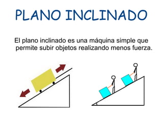 PLANO INCLINADO
El plano inclinado es una máquina simple que
permite subir objetos realizando menos fuerza.
 