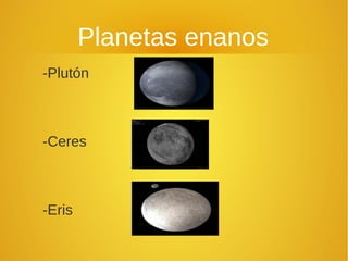 Planetas enanos
-Plutón

-Ceres

-Eris

 