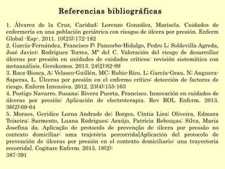 1. Álvarez de la Cruz, Caridad; Lorenzo González, Marisela. Cuidados de
enfermería en una población geriátrica con riesgos de úlcera por presión. Enferm
Global -Esp-. 2011. 10(23):172-182
2. García-Fernández, Francisco P; Pancorbo-Hidalgo, Pedro L; Soldevilla Agreda,
José Javier; Rodríguez Torres, Mª del C. Valoración del riesgo de desarrollar
úlceras por presión en unidades de cuidados críticos: revisión sistemática con
metaanálisis. Gerokomos. 2013. 24(2):82-89
3. Roca-Biosca, A; Velasco-Guillén, MC; Rubio-Rico, L; García-Grau, N; Anguera-
Saperas, L. Úlceras por presión en el enfermo crítico: detección de factores de
riesgo. Enferm Intensiva. 2012. 23(4):155-163
4. Postigo Navarro, Susana; Rivera Puerta, Francisco. Innovación en cuidados de
úlceras por presión: Aplicación de electroterapia. Rev ROL Enferm. 2013.
36(2):60-64
5. Moraes, Geridice Lorna Andrade de; Borges, Cíntia Lira; Oliveira, Edmara
Teixeira; Sarmento, Luana Rodrigues; Araújo, Patrícia Rebouças; Silva, Maria
Josefina da. Aplicação de protocolo de prevenção de úlcera por pressão no
contexto domiciliar: uma trajetória percorrida[Aplicación del protocolo de
prevención de úlceras por presión en el contexto domiciliario: una trayectoria
recorrida]. Cogitare Enferm. 2013. 18(2):
387-391
Referencias bibliográficas
 