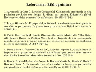 1. Álvarez de la Cruz C, Lorenzo González M. Cuidados de enfermería en una
población geriátrica con riesgos de úlcera por presión. Enfermería global:
Revista electrónica semestral de enfermería. 2011(23):172-82.
2. Luque Oliveros M. El papel del profesional de enfermería ante el paciente
con úlceras por presión. Páginasenferurg.com: revista digital de enfermería.
2010;2(6):2.
3. Prieto-Guerrero MM, García Sánchez AM, Albar Marín MJ, Villar Rojas
AE, Romero Brioso C, Castilla Moro L, et al. Impacto de una intervención
multifactorial para prevenir úlceras por presión en atención especializada.
Metas de enfermería. 2011;14(4):27-32.
4. Roca Biosca A, Velasco Guillén MC, Anguera Saperas L, García Grau N.
Impacto de un programa educacional sobre úlceras por presión en un servicio
de cuidados intensivos. Metas de enfermería. 2010;13(2):25-31.
5. Rumbo Prieto JM, Arantón Areosa L, Romero Martín M, García Collado F,
Ramírez Pizano A. Sucesos adversos relacionados con las úlceras por presión:
¿un problema evitable? Enfermería Dermatológica. 2010;4(11):21-6.
Referencias Bibliográficas
 