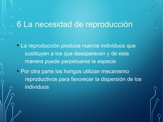 6 La necesidad de reproducción 
• La reproducción produce nuevos individuos que 
sustituyen a los que desaparecen y de esta 
manera puede perpetuarse la especie 
• Por otra parte los hongos utilizan mecanismo 
reproductivos para favorecer la dispersión de los 
individuos 
 