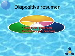Diapositiva resumen
●
Objetivos generalesObjetivos generales
●
Beneficios por secciónBeneficios por sección
