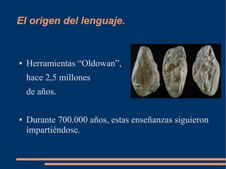El origen del lenguaje.
● Herramientas “Oldowan”,
hace 2,5 millones
de años.
● Durante 700.000 años, estas enseñanzas siguieron
impartiéndose.
 