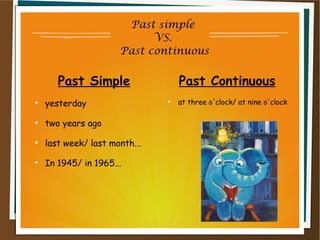 Past simple
VS.
Past continuous
Past Simple
●
yesterday
●
two years ago
●
last week/ last month...
●
In 1945/ in 1965...
Past Continuous
●
at three o'clock/ at nine o'clock
 