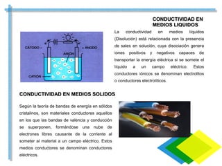 CONDUCTIVIDAD ENCONDUCTIVIDAD EN
MEDIOS LIQUIDOSMEDIOS LIQUIDOS
La conductividad en medios líquidos
(Disolución) está relacionada con la presencia
de sales en solución, cuya disociación genera
iones positivos y negativos capaces de
transportar la energía eléctrica si se somete el
líquido a un campo eléctrico. Estos
conductores iónicos se denominan electrolitos
o conductores electrolíticos.
CONDUCTIVIDAD EN MEDIOS SOLIDOSCONDUCTIVIDAD EN MEDIOS SOLIDOS
Según la teoría de bandas de energía en sólidos
cristalinos, son materiales conductores aquellos
en los que las bandas de valencia y conducción
se superponen, formándose una nube de
electrones libres causante de la corriente al
someter al material a un campo eléctrico. Estos
medios conductores se denominan conductores
eléctricos.
 