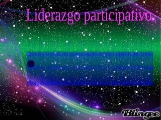 Liderazgo participativo
●
muyparecidoalanterior,estetipodeliderazgo,peseatenerélmismolaúltimadecisión,nodudaenconsultaryevaluarlasopinionesdelrestodeequipodepersonasenelprocesodetomadedecisiones.Sumotivaciónprincipalescrearungranespíritudeequipodondecadaindividuosesientaimportantedentrodelaorganizaciónysobretodovalorado,teniendoasíunimpactomuypositivoenlamotivacióndelgrupodetrabajo.Losexpertosenlamateriarecomiendanadoptarestetipodeliderazgocuandoseadevitalimportanciatrabajarenequipoylacalidadseimpongaalarapidezdesacarlastareasadelante.
 