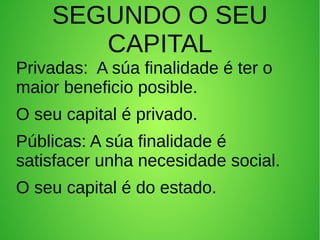 SEGUNDO O SEU
CAPITAL
Privadas: A súa finalidade é ter o
maior beneficio posible.
O seu capital é privado.
Públicas: A súa finalidade é
satisfacer unha necesidade social.
O seu capital é do estado.
 