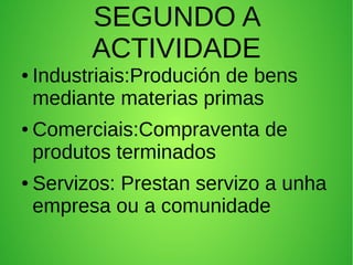 SEGUNDO A
ACTIVIDADE
● Industriais:Produción de bens
mediante materias primas
● Comerciais:Compraventa de
produtos terminados
● Servizos: Prestan servizo a unha
empresa ou a comunidade
 