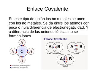 Enlace Covalente
En este tipo de unión los no metales se unen
con los no metales. Se da entre los átomos con
poca o nula diferencia de electronegatividad. Y
a diferencia de las uniones iónicas no se
forman iones
 