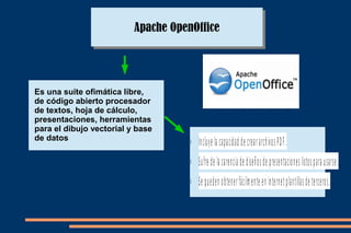 Apache OpenOfficeApache OpenOffice
Es una suite ofimática libre,
de código abierto procesador
de textos, hoja de cálculo,
presentaciones, herramientas
para el dibujo vectorial y base
de datos
• Incluye la capacidad de creararchivos PDF.
• Sufre de la carencia de diseños de presentaciones listos para usarse.
• Se pueden obtenerfácilmente en internetplantillas de terceros.
 