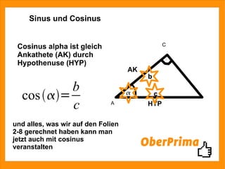 Sinus und Cosinus und alles, was wir auf den Folien 2-8 gerechnet haben kann man jetzt auch mit cosinus veranstalten Cosinus alpha ist gleich Ankathete (AK) durch Hypothenuse (HYP) A C c b AK HYP 