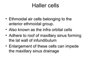 Haller cells
• Ethmoidal air cells belonging to the
anterior ethmoidal group.
• Also known as the infra orbital cells
• Adhere to roof of maxillary sinus forming
the lat wall of infundibulum
• Enlargement of these cells can impede
the maxillary sinus drainage
 