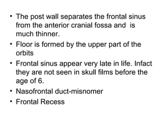 • The post wall separates the frontal sinus
from the anterior cranial fossa and is
much thinner.
• Floor is formed by the upper part of the
orbits
• Frontal sinus appear very late in life. Infact
they are not seen in skull films before the
age of 6.
• Nasofrontal duct-misnomer
• Frontal Recess
 