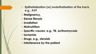  Epithelialisation (or) endothelisation of the track.
e.g., AVF
 Malignancy.
 Dense fibrosis
 Irradiation
 Malnutrition
 Specific causes. e.g., TB, actinomycosis
 Ischemia
 Drugs. e.g., steroids
 Interference by the patient
 