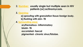 2. Number: usually single but multiple seen in HIV
patients (or) actinomycosis.
3. Opening:
a) sprouting with granulation tissue-foreign body.
b) flushing with skin- TB
4. Surrounding area:
erythematous- inflammatory
bluish- TB
excoriated- faecal
pigmented- chronic sinus/fistulae.
 