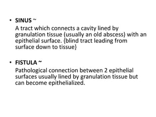 • SINUS ~
A tract which connects a cavity lined by
granulation tissue (usually an old abscess) with an
epithelial surface. {blind tract leading from
surface down to tissue}
• FISTULA ~
Pathological connection between 2 epithelial
surfaces usually lined by granulation tissue but
can become epithelialized.
 