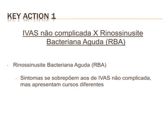 IVAS não complicada X Rinossinusite
Bacteriana Aguda (RBA)
• Rinossinusite Bacteriana Aguda (RBA)
– Sintomas se sobrepõem aos de IVAS não complicada,
mas apresentam cursos diferentes
KEY ACTION 1
 