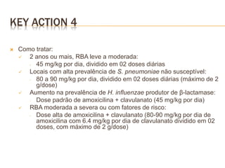 KEY ACTION 4
 Como tratar:
 2 anos ou mais, RBA leve a moderada:
‐ 45 mg/kg por dia, dividido em 02 doses diárias
 Locais com alta prevalência de S. pneumoniae não susceptível:
‐ 80 a 90 mg/kg por dia, dividido em 02 doses diárias (máximo de 2
g/dose)
 Aumento na prevalência de H. influenzae produtor de β-lactamase:
‐ Dose padrão de amoxicilina + clavulanato (45 mg/kg por dia)
 RBA moderada a severa ou com fatores de risco:
‐ Dose alta de amoxicilina + clavulanato (80-90 mg/kg por dia de
amoxicilina com 6.4 mg/kg por dia de clavulanato dividido em 02
doses, com máximo de 2 g/dose)
 