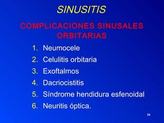SINUSITIS   COMPLICACIONES SINUSALES ORBITARIAS Neumocele Celulitis orbitaria Exoftalmos Dacriocistitis Síndrome hendidura esfenoidal Neuritis óptica. 