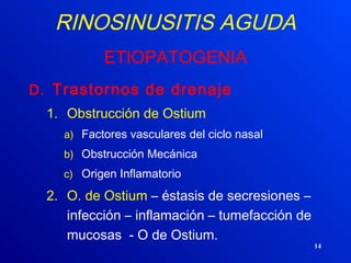 14
RINOSINUSITIS AGUDA
ETIOPATOGENIA
D. Trastornos de drenaje
1. Obstrucción de Ostium
a) Factores vasculares del ciclo nasal
b) Obstrucción Mecánica
c) Origen Inflamatorio
2. O. de Ostium – éstasis de secresiones –
infección – inflamación – tumefacción de
mucosas - O de Ostium.
 