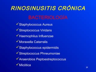25
RINOSINUSITIS CRÓNICA
BACTERIOLOGÍA
Staphylococcus Aureus
Streptococcus Viridans
Haemophilus Influenzae
Moraxella Catarralis
Staphylococcus epidermidis
Streptococcus Phneumoniae
Anaerobios Peptoestreptococcus
Micótica
 