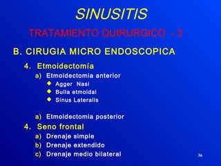 36
SINUSITIS
TRATAMIENTO QUIRURGICO - 3
B. CIRUGIA MICRO ENDOSCOPICA
4. Etmoidectomía
a) Etmoidectomia anterior
 Agger Nasi
 Bulla etmoidal
 Sinus Lateralis
a) Etmoidectomia posterior
4. Seno frontal
a) Drenaje simple
b) Drenaje extendido
c) Drenaje medio bilateral
 