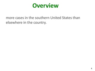 Overview
more cases in the southern United States than
elsewhere in the country.




                                                4
 