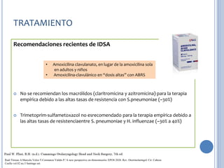 TRATAMIENTO
Recomendaciones recientes de IDSA
 No se recomiendan los macrólidos (claritromicina y azitromicina) para la terapia
empírica debido a las altas tasas de resistencia con S.pneumoniae (~30%)
 Trimetoprim-sulfametoxazol no esrecomendado para la terapia empírica debido a
las altas tasas de resistenciaentre S. pneumoniae y H. influenzae (~30% a 40%)
• Amoxicilina clavulanato, en lugar de la amoxicilina sola
en adultos y niños
• Amoxicilina-clavulánico en “dosis altas” con ABRS
Raúl Tirreau A.Marcela Veloz T.Constanza Valdés P.1A new perspective on rhinosinusitis: EPOS 2020. Rev. Otorrinolaringol. Cir. Cabeza
Cuello vol.82 no.3 Santiago set.
 