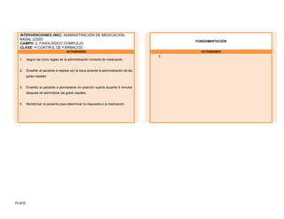 PLACE:
INTERVENCIONES (NIC): ADMINISTRACIÓN DE MEDICACIÓN:
NASAL (2320)
CAMPO: 2. FISIOLÓGICO COMPLEJO
CLASE: H CONTROL DE FÁRMACOS
FUNDAMENTACIÓN
ACTIVIDADES ACTIVIDADES
1. Seguir las cinco reglas de la administración correcta de medicación
2. Enseñar al paciente a respirar por la boca durante la administración de las
gotas nasales
3. Enseñar al paciente a permanecer en posición supina durante 5 minutos
después de administrar las gotas nasales.
4. Monitorizar al paciente para determinar la respuesta a la medicación
1.
 