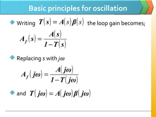 Basic principles for oscillation
 Writing the loop gain becomes;
 Replacing s with jω
 and
( ) ( ) ( )ss βAsT =
( ) ( )
( )sT1
sA
sAf
−
=
( ) ( )
( )jωT1
jωA
jωAf
−
=
( ) ( ) ( )jωβjωAjωT =
 