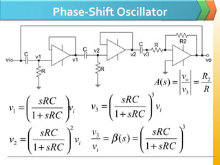 Phase-Shift Oscillator
vi
v1
v1
v2
v2 v3
vo
C
C
C
R R
R
R2
iv
sRC
sRC
v 





+
=
1
1
iv
sRC
sRC
v
2
2
1






+
=
iv
sRC
sRC
v
3
3
1






+
=
3
3
1
)( 





+
==
sRC
sRC
s
v
v
i
β
R
R
v
v
sA o 2
3
)( ==
 