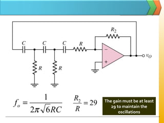 RC
fo
62
1
π
= 292
=
R
R The gain must be at least
29 to maintain the
oscillations
 
