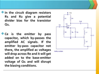 In the circuit diagram resistors
R1 and R2 give a potential
divider bias for the transistor
Q1.
Ce is the emitter by pass
capacitor, which by-passes the
amplified AC signals. If the
emitter by-pass capacitor not
there, the amplified ac voltages
will drop across Re and it will get
added on to the base-emitter
voltage of Q1 and will disrupt
the biasing conditions.
 