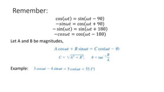 Remember:
cos 𝜔𝑡 = sin 𝜔𝑡 − 90
−𝑠𝑖𝑛𝜔𝑡 = cos(𝜔𝑡 + 90)
− sin 𝜔𝑡 = sin 𝜔𝑡 + 180
−𝑐𝑜𝑠𝜔𝑡 = cos(𝜔𝑡 − 180)
Let A and B be magnitudes,
Example:
 