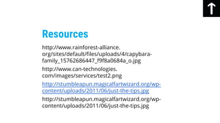http://www.rainforest-alliance.
org/sites/default/files/uploads/4/capybara-
family_15762686447_f9f8a0684a_o.jpg
http://www.can-technologies.
com/images/services/test2.png
http://stumbleapun.magicalfartwizard.org/wp-
content/uploads/2011/06/just-the-tips.jpg
http://stumbleapun.magicalfartwizard.org/wp-
content/uploads/2011/06/just-the-tips.jpg
Resources
 
