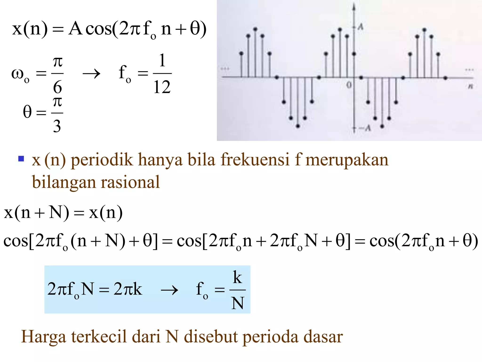 )nf2cos(A)n(x o 
 x (n) periodik hanya bila frekuensi f merupakan
bilangan rasional
)nf2cos(]Nf2nf2cos[])Nn(f2cos[
)n(x)Nn(x
oooo 

12
1
f
6
oo 


3


N
k
fk2Nf2 oo 
Harga terkecil dari N disebut perioda dasar
 