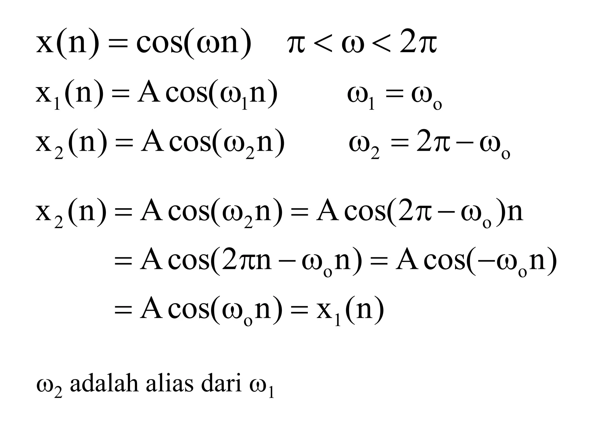 2)ncos()n(x
o222
o111
2)ncos(A)n(x
)ncos(A)n(x


)n(x)ncos(A
)ncos(A)nn2cos(A
n)2cos(A)ncos(A)n(x
1o
oo
o22



2 adalah alias dari 1
 