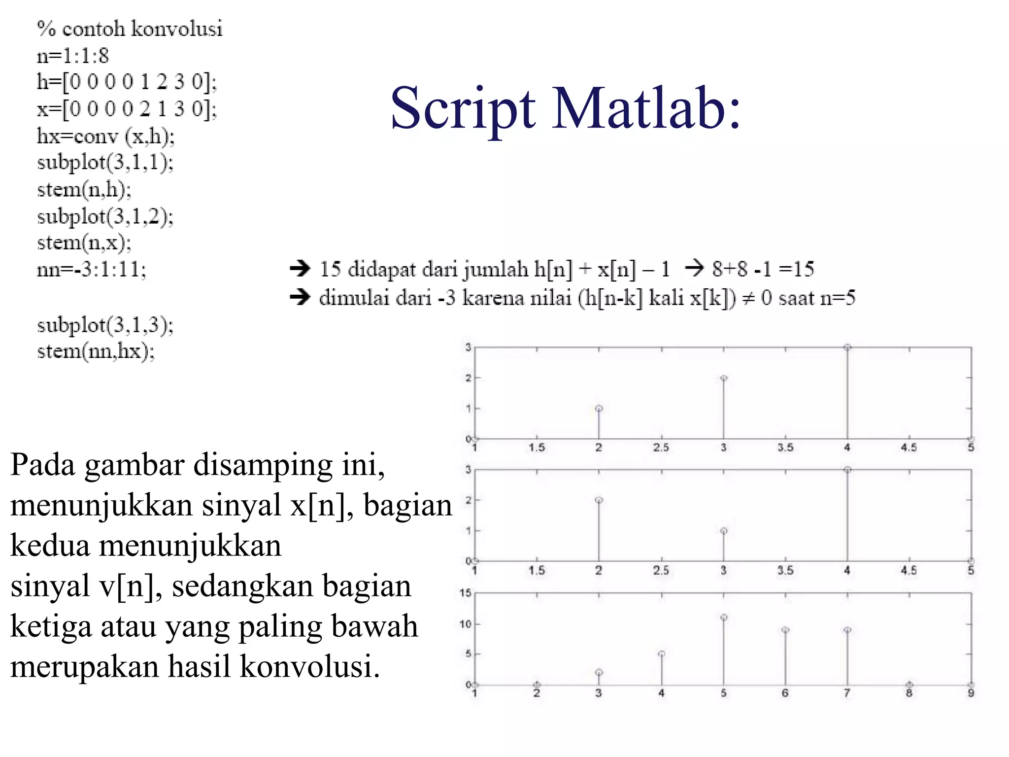 Script Matlab:
Pada gambar disamping ini,
menunjukkan sinyal x[n], bagian
kedua menunjukkan
sinyal v[n], sedangkan bagian
ketiga atau yang paling bawah
merupakan hasil konvolusi.
 