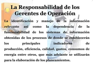 La Responsabilidad de los Gerentes de OperaciónLa identificación y manejo de la información relevante así como la dependencia de la funcionabilidad de los sistemas de información obtenidas de los procesos de donde se establecerán los principales indicadores de producción, eficiencia, calidad, gastos, consumos de energía entre otros, que más adelante se utilizarán para la elaboración de los planeamientos.